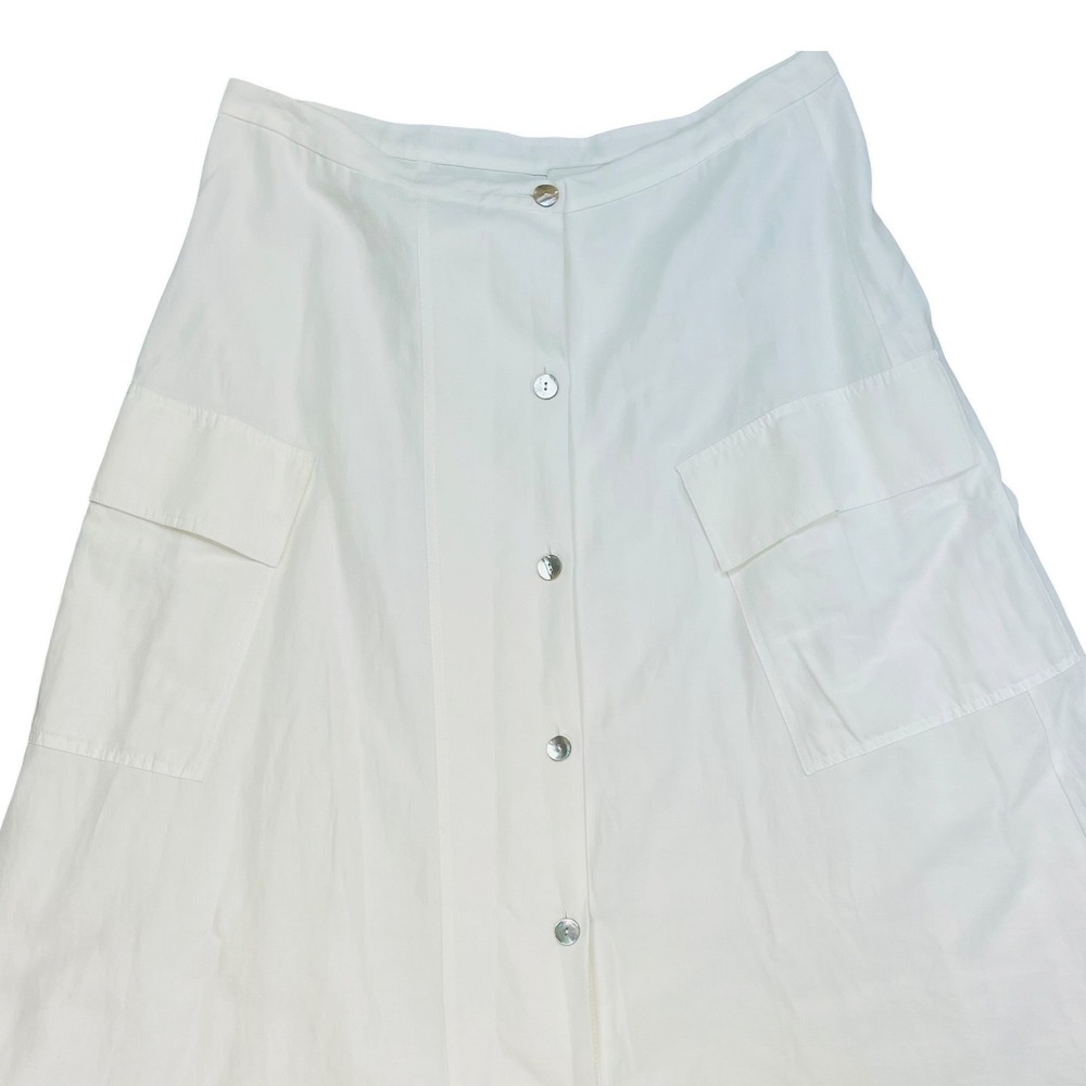 Vince Cream Cotton Linen Blend Button Front Midi A-Line Skirt with Pockets 14 - Picture 3 of 6